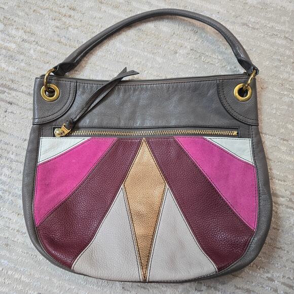 Fossil Leather Shoulder Bag Purse Bohemian Gray Pink Gold Twee Vintage - Picture 1 of 8